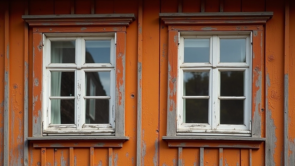Close-up of weathered wooden building facade showing traditional construction details and window styles