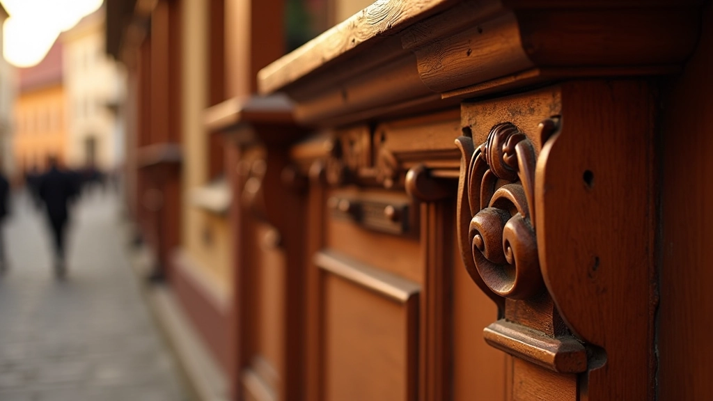 Close-up detail of traditional carved wooden door frame with ornate molding patterns