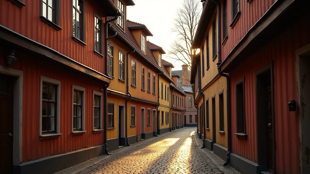 Historic wooden buildings in Riga's Kalnciema Quarter with traditional architecture and narrow street