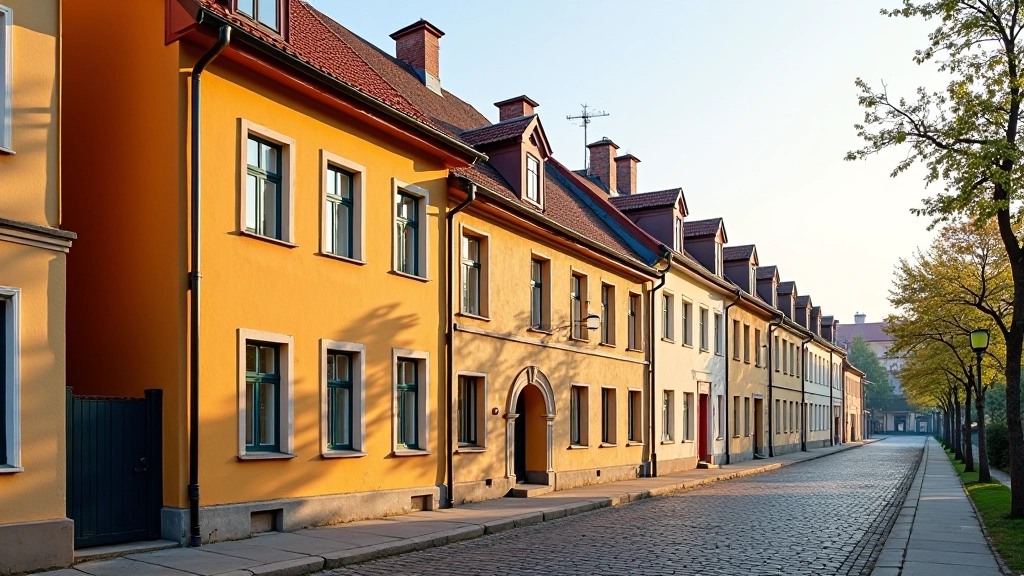 Kalnciema Quarter street view with row of preserved wooden houses painted in warm earth tones