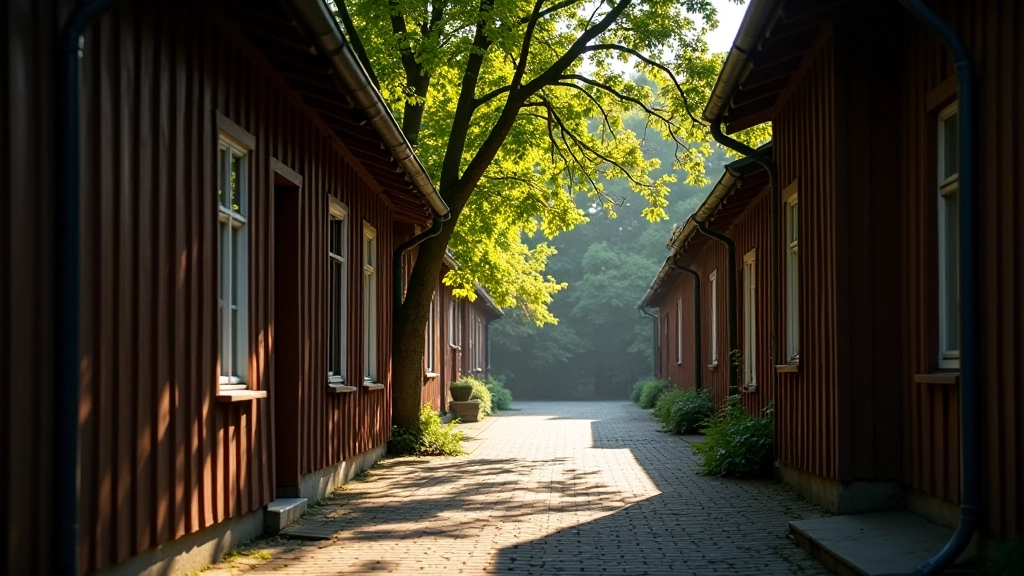 Narrow Pārdaugava backstreet with wooden buildings, mature linden trees providing shade, quiet atmospheric lighting