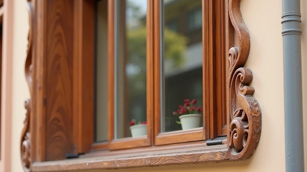 Close-up of ornate wooden window surround with carved details and original paint colors on traditional building