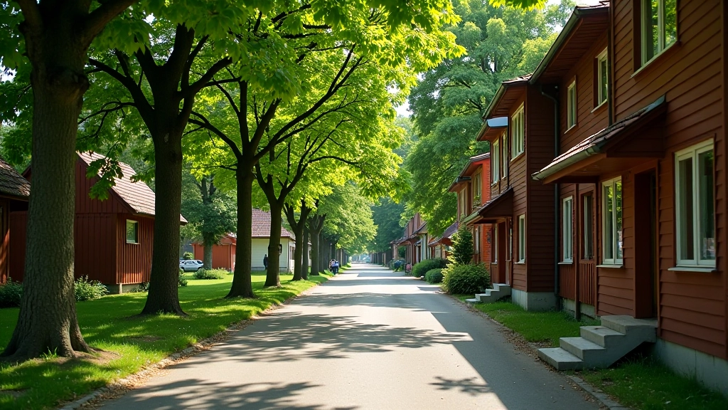 Pārdaugava backstreet with older wooden buildings and mature trees creating natural shade