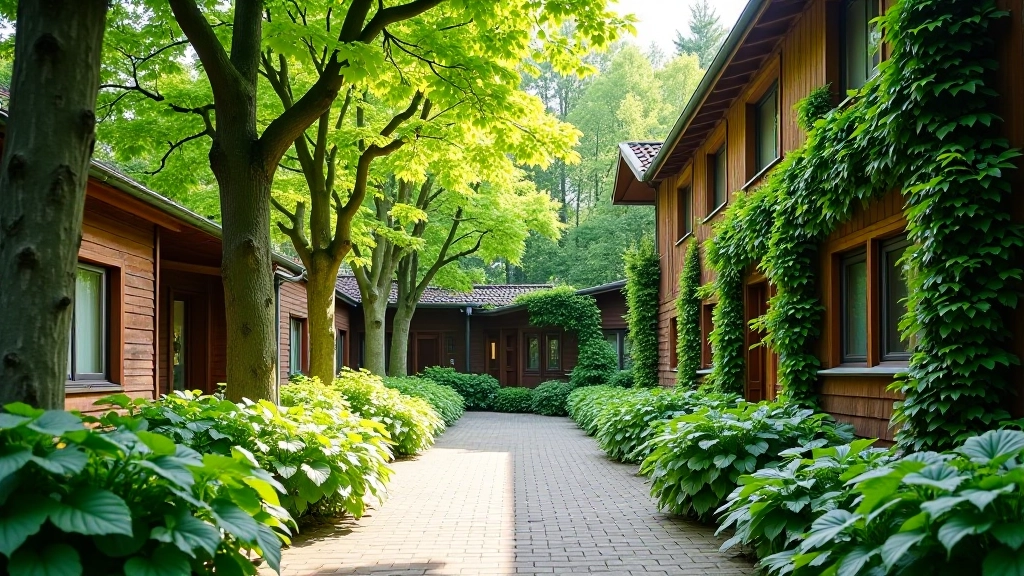 Lush green courtyard with climbing ivy on wooden buildings and mature trees providing natural shade