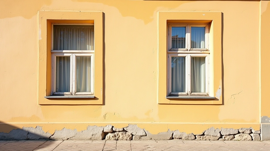 Facade of traditional wooden building showing painted surface with historic color palette of ochre, cream, and muted tones with visible weathering