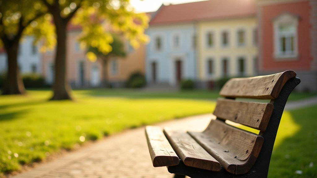 Wooden bench in quiet courtyard surrounded by heritage buildings and mature trees